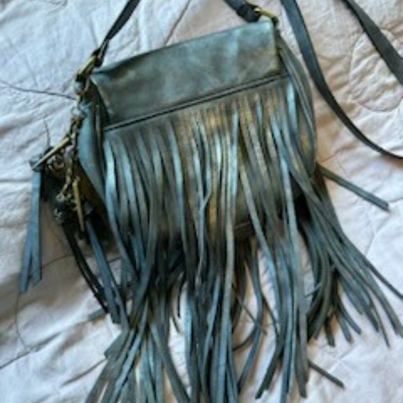Navy Metallic-Sheen Leather Fringe Bag with Gold Spike and Feather Charm - Picture 8 of 9